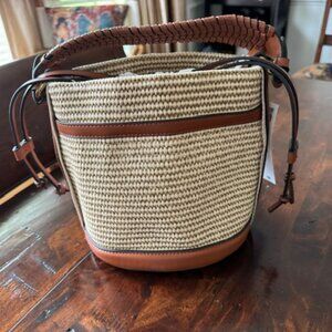 Woven Straw Bucket Bag - Faux Leather Trim, Boho Summer Purse, Drawstring close